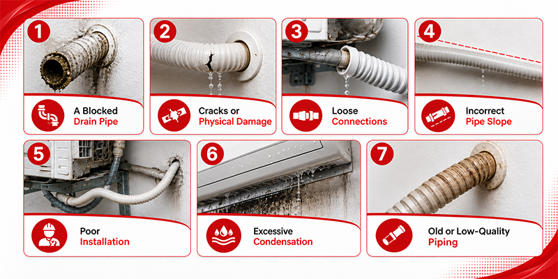 7 common causes of an AC drain pipe leak infographic