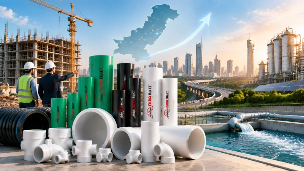 Pakistan map with upward growth arrow, Adamjee Durabuilt pipes and city skyline showing future outlook of Pakistan's pipe industry