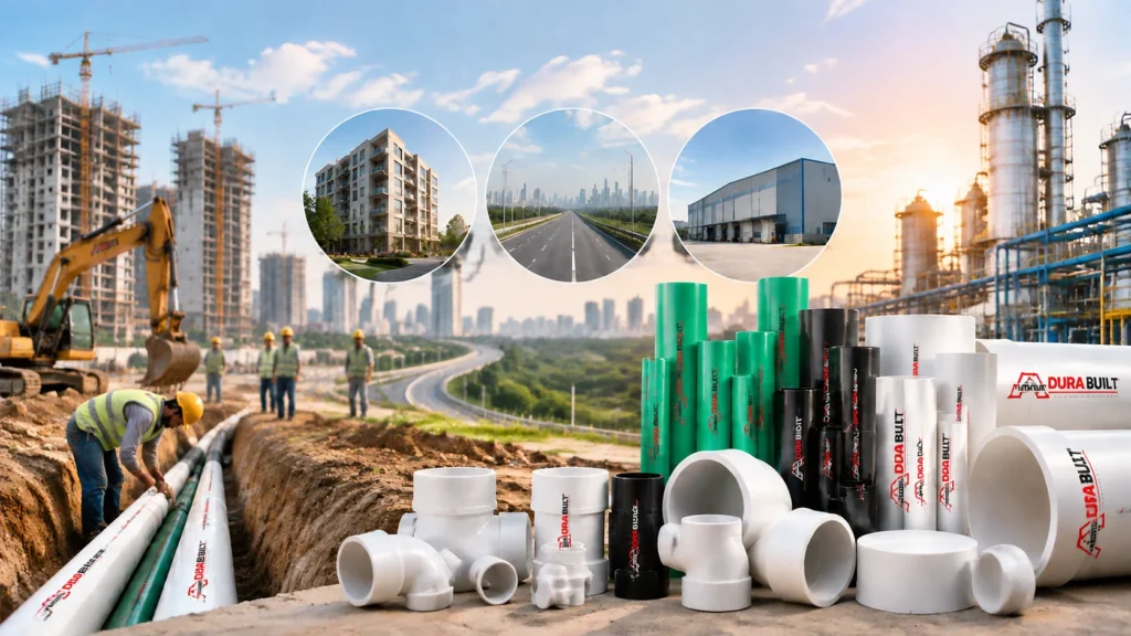 Construction site with pipes, real estate, roads and industrial icons showing drivers of Pakistan's pipe industry growth