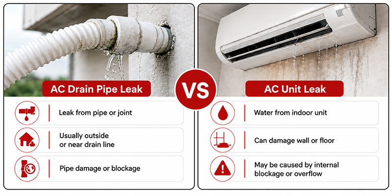 AC drain pipe leak vs AC unit leak comparison infographic