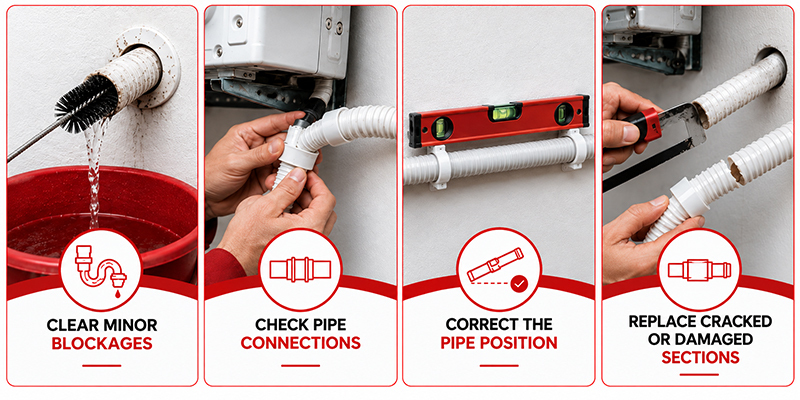 Quick fixes for a leaking AC drain pipe infographic