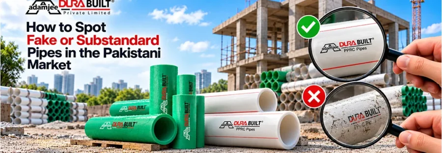 Adamjee Durabuilt PPRC pipes with magnifying glass showing genuine versus fake pipe quality in the Pakistani market