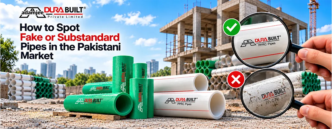 Adamjee Durabuilt PPRC pipes with magnifying glass showing genuine versus fake pipe quality in the Pakistani market