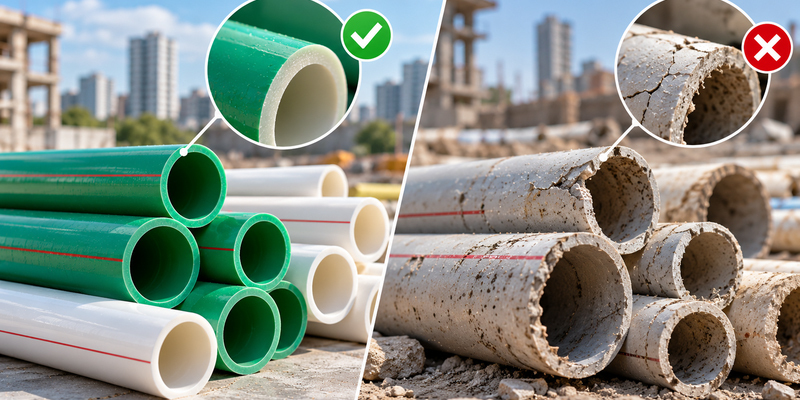 Comparison of genuine green and white pipes with smooth walls versus damaged substandard pipes with cracked rough surfaces in Pakistan