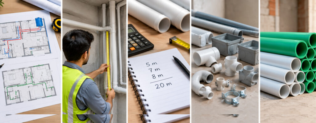 House plan layouts, pipe measuring, length calculation notes and plumbing and conduit pipe fittings used to calculate pipe length required for a house