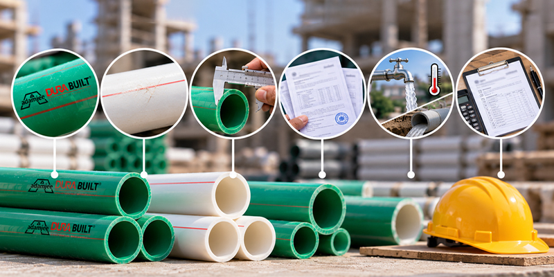 Checklist for how to check pipe quality before buying, including brand markings, wall thickness, certification, water testing and purchase records
