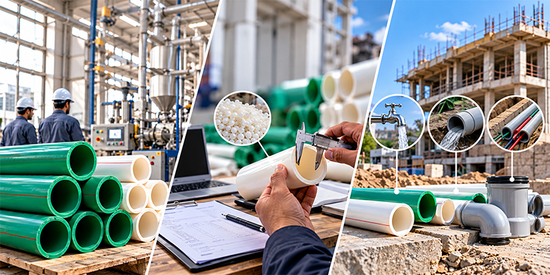Pipe manufacturing plant, quality inspection of PVC pipe wall thickness and pipes used in construction, showing how to choose reliable pipe manufacturers in Pakistan